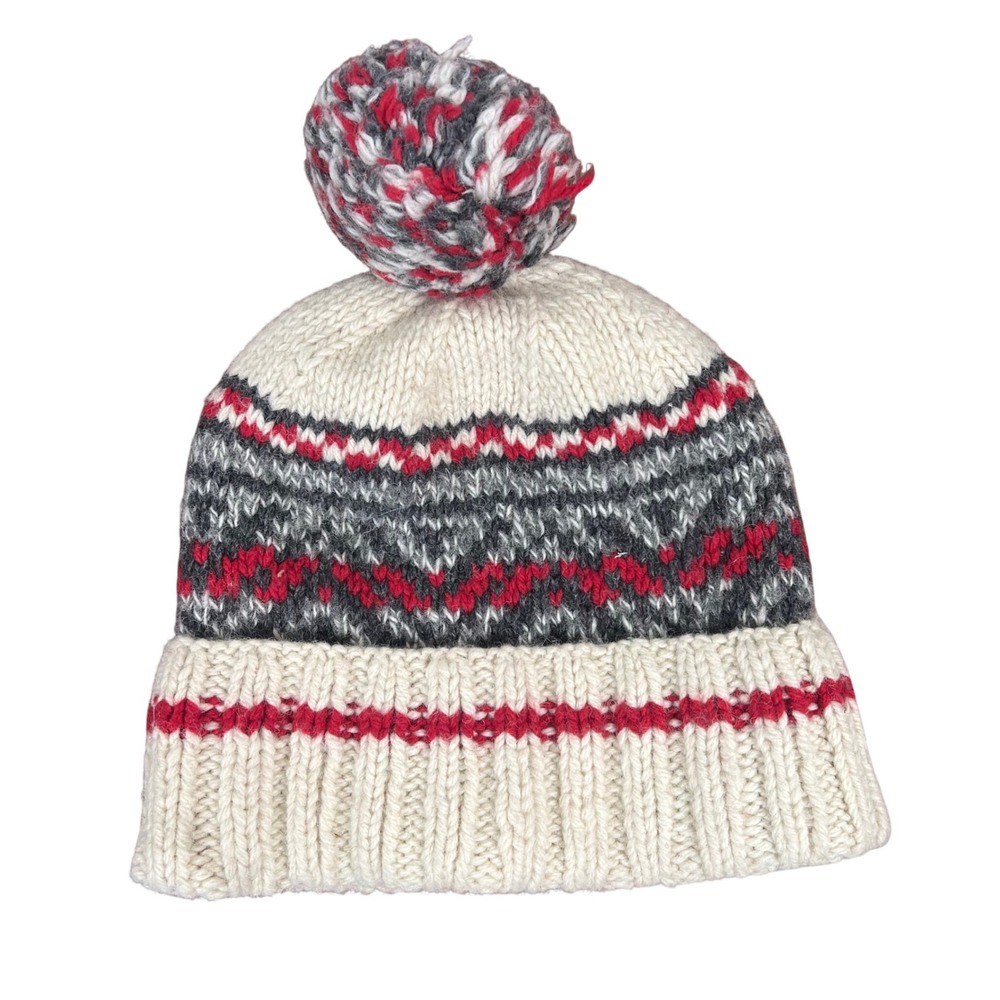Roots Canada Mary Maxim Wool Blend Fleece Lined Pom Beanie Hat Cream Red Grey